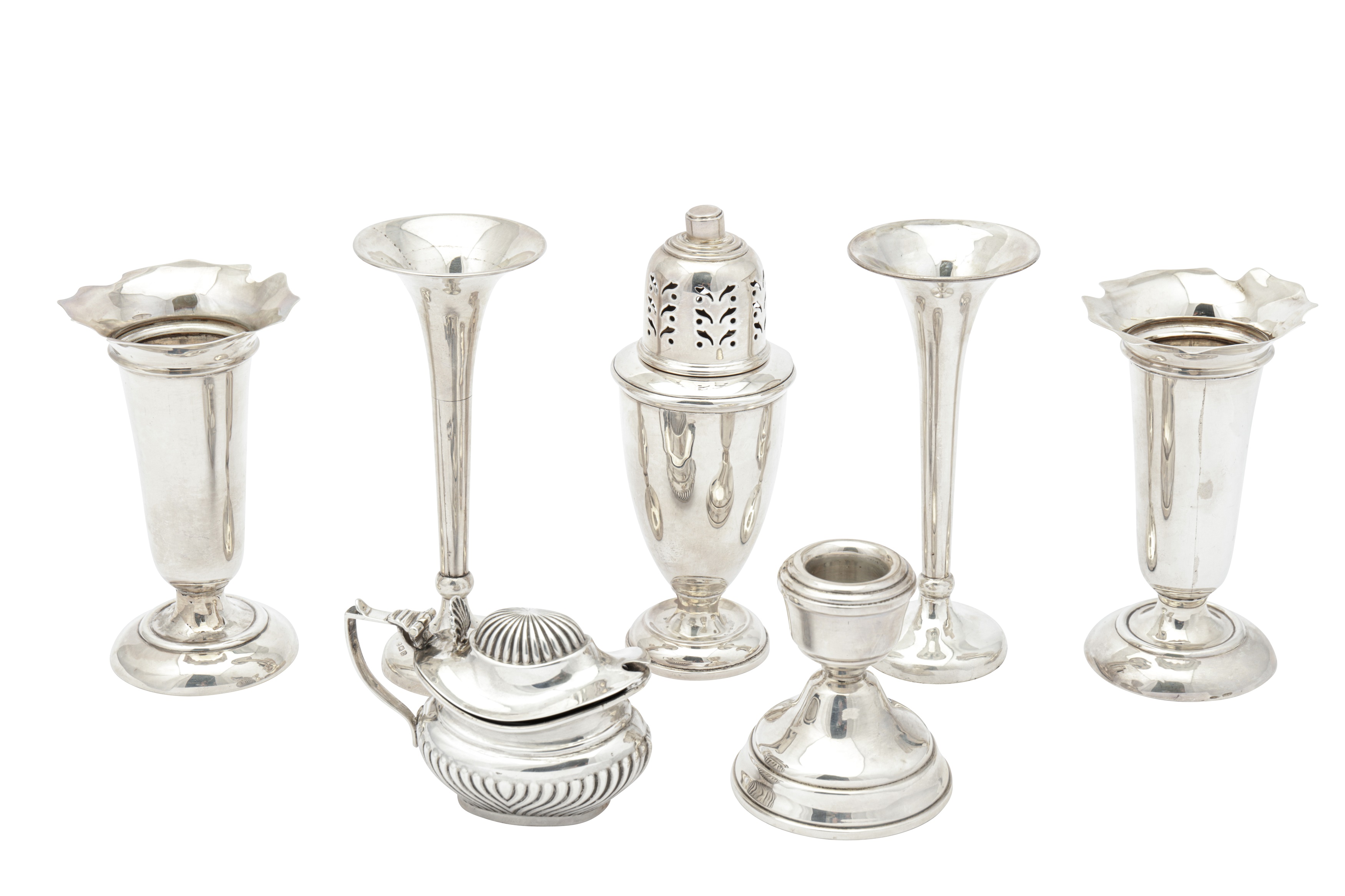 A mixed group of sterling silver including an Edwardian pair of posy vases, Birmingham 1909 by