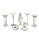 A mixed group of sterling silver including an Edwardian pair of posy vases, Birmingham 1909 by