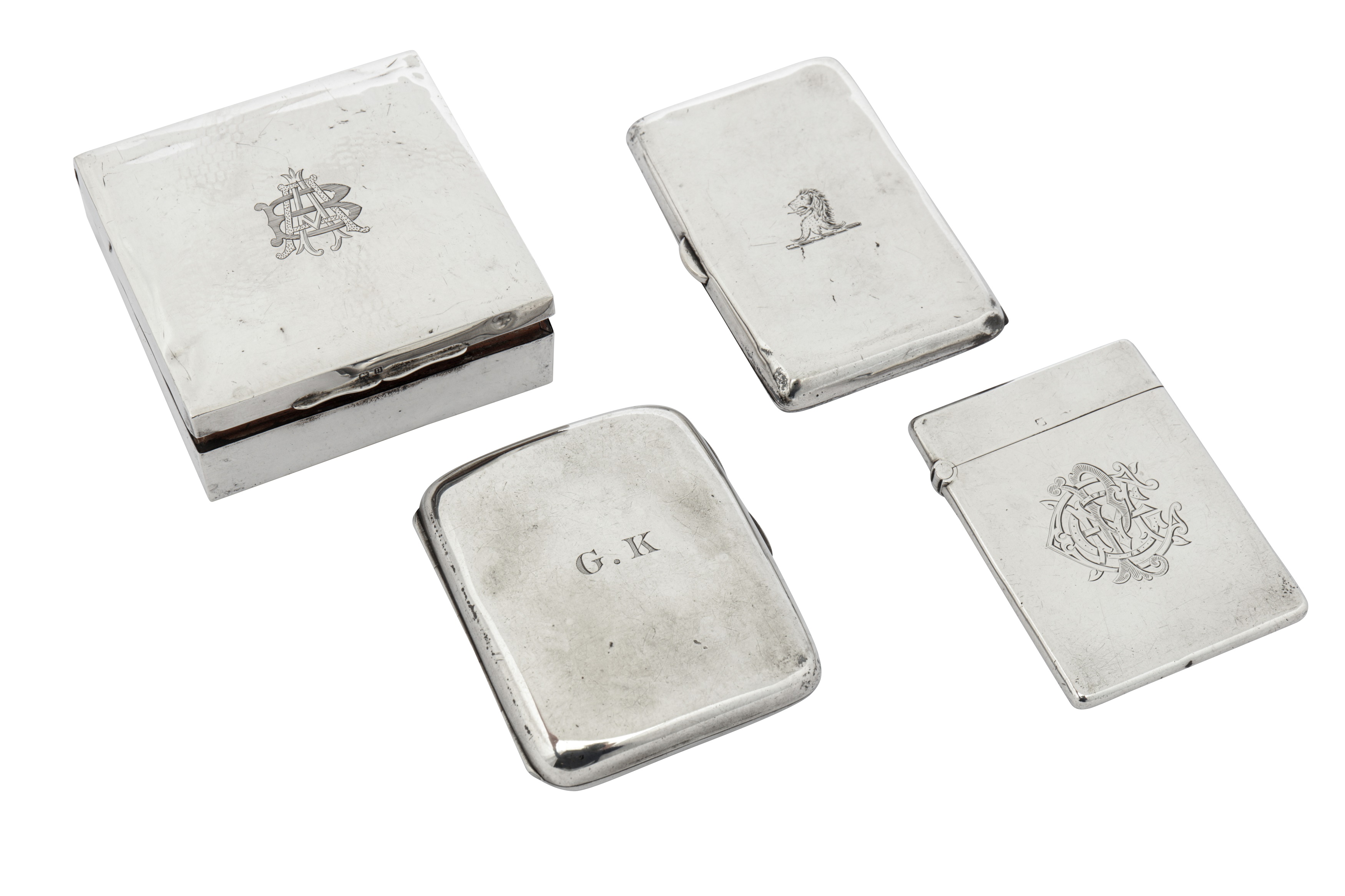 A mixed group including a Victorian sterling silver card case, London 1883 by Alfred Hall & John