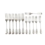 A mixed group of sterling silver Fiddle pattern table forks and dessert forks