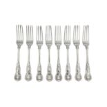 A set of eight George IV sterling silver table forks, London 1827 by William Eaton