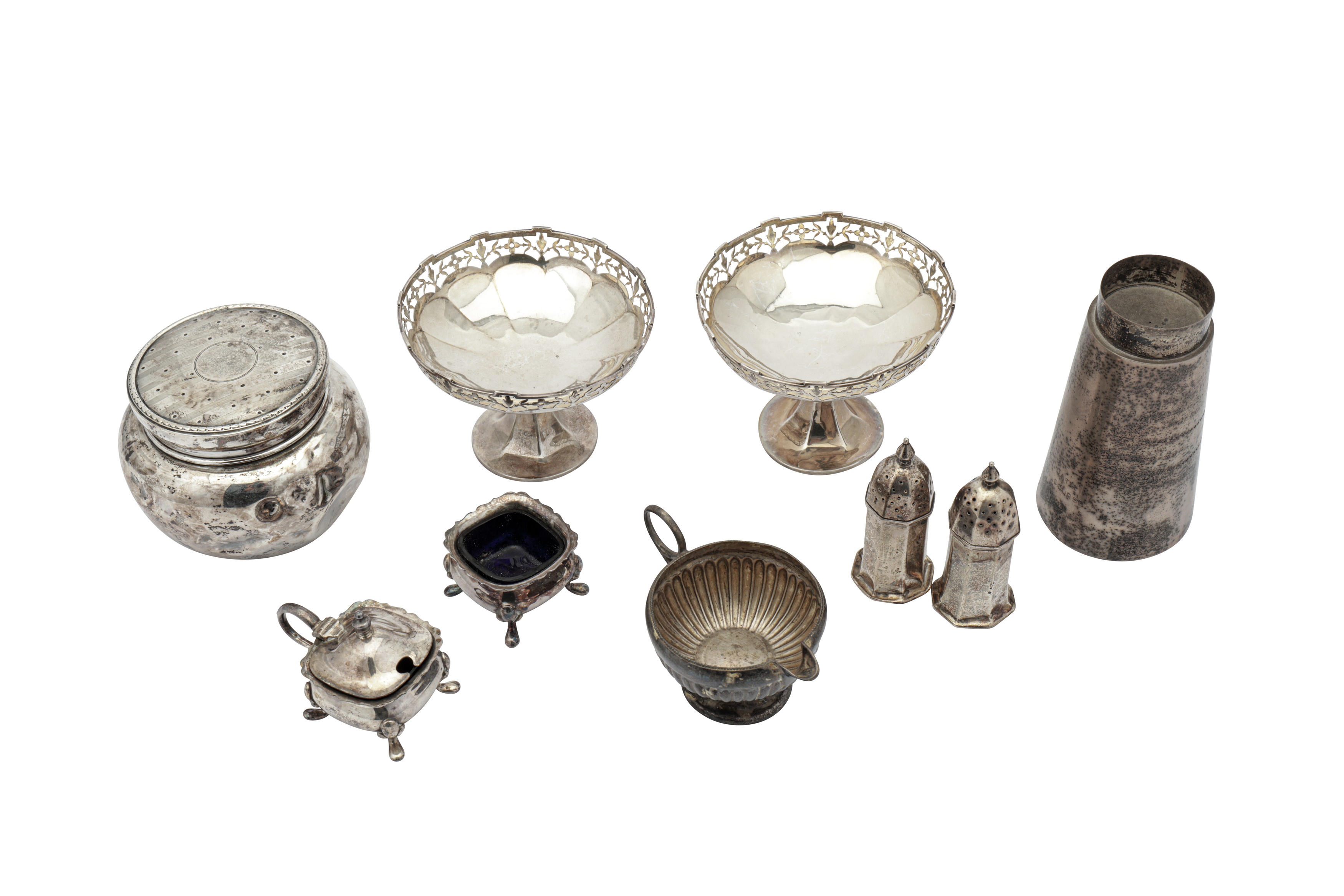 A mixed group of sterling silver including a pair of George V pedestal bon-bon dishes Birmingham
