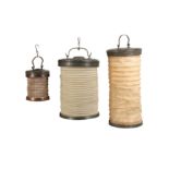 THREE HANGING LANTERNS WITH OPENWORK TINNED COPPER TERMINALS