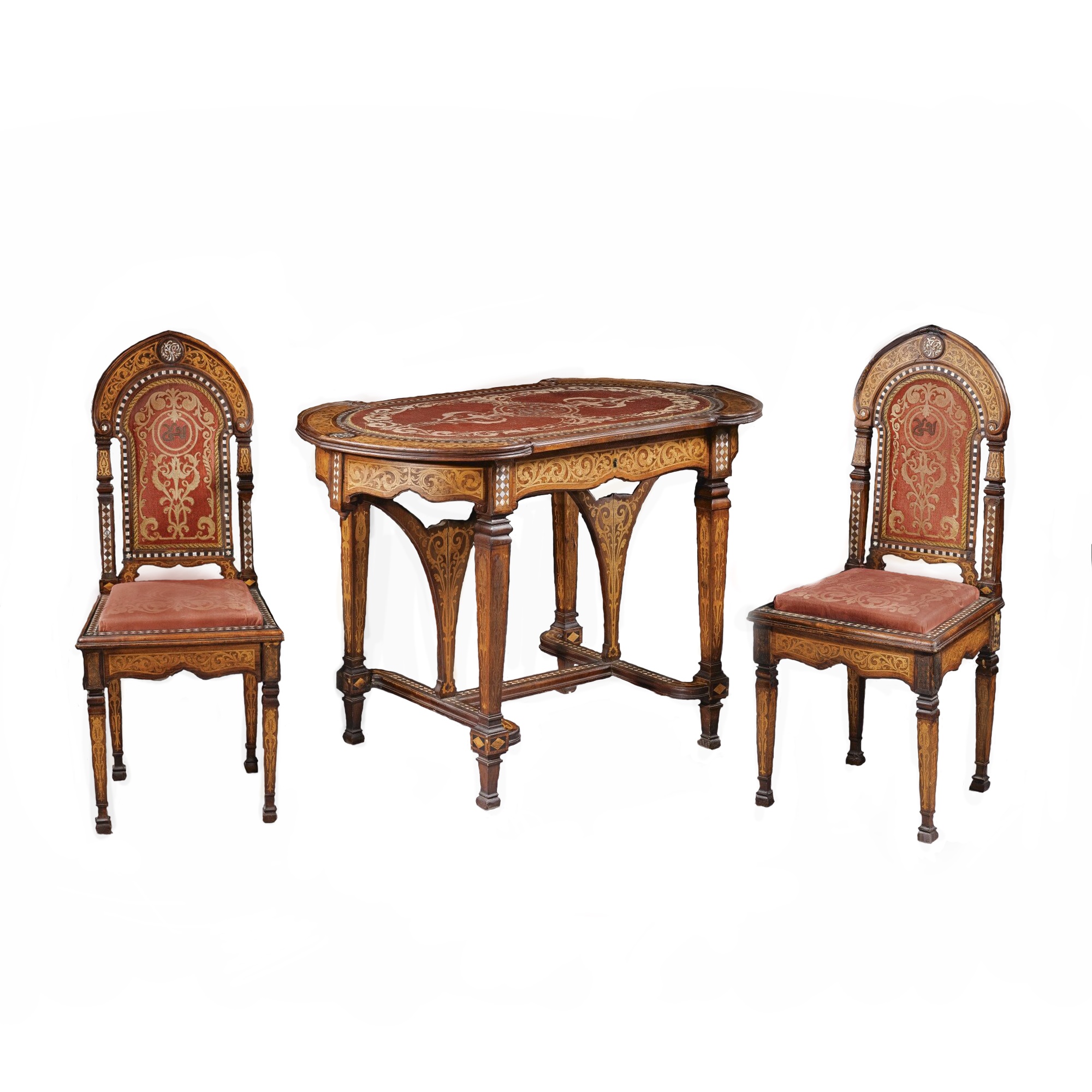 λ A SET OF MOTHER-OF-PEARL-INLAID WOODEN CHAIRS AND TABLE MADE FOR THE EXPORT MARKET