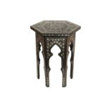 AN OTTOMAN SILVER-WIRE-INLAID WOODEN OCCASIONAL LOW TABLE WITH TUGHRA
