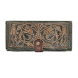 A GREEN LEATHER WALLET WITH METAL THREAD EMBROIDERED TULIPS