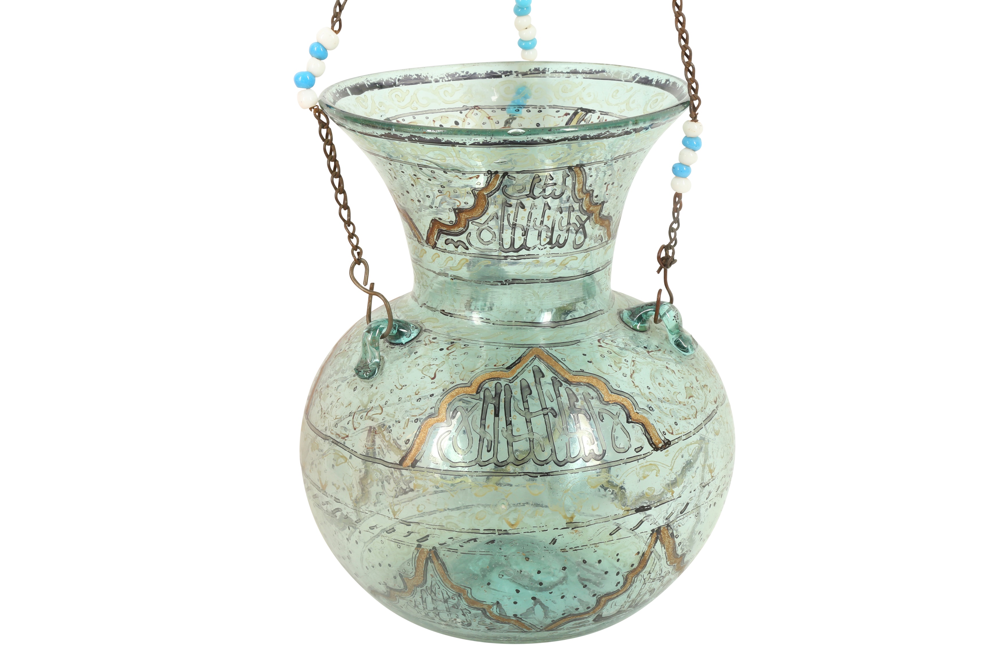 A MAMLUK-REVIVAL ENAMELLED CLEAR GREEN GLASS MOSQUE LAMP