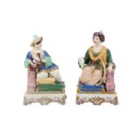 A PAIR OF FRENCH POLYCHROME-PAINTED PORCELAIN FIGURAL SCENT BOTTLES