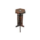 λ A HARDWOOD MOTHER-OF-PEARL-INLAID TALL HEXAGONAL STAND