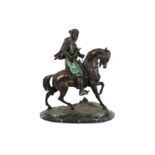 A LARGE LATE 19TH / EARLY 20TH CENTURY PATINATED BRONZE ORIENTALIST FIGURE OF AN ARAB RIDER