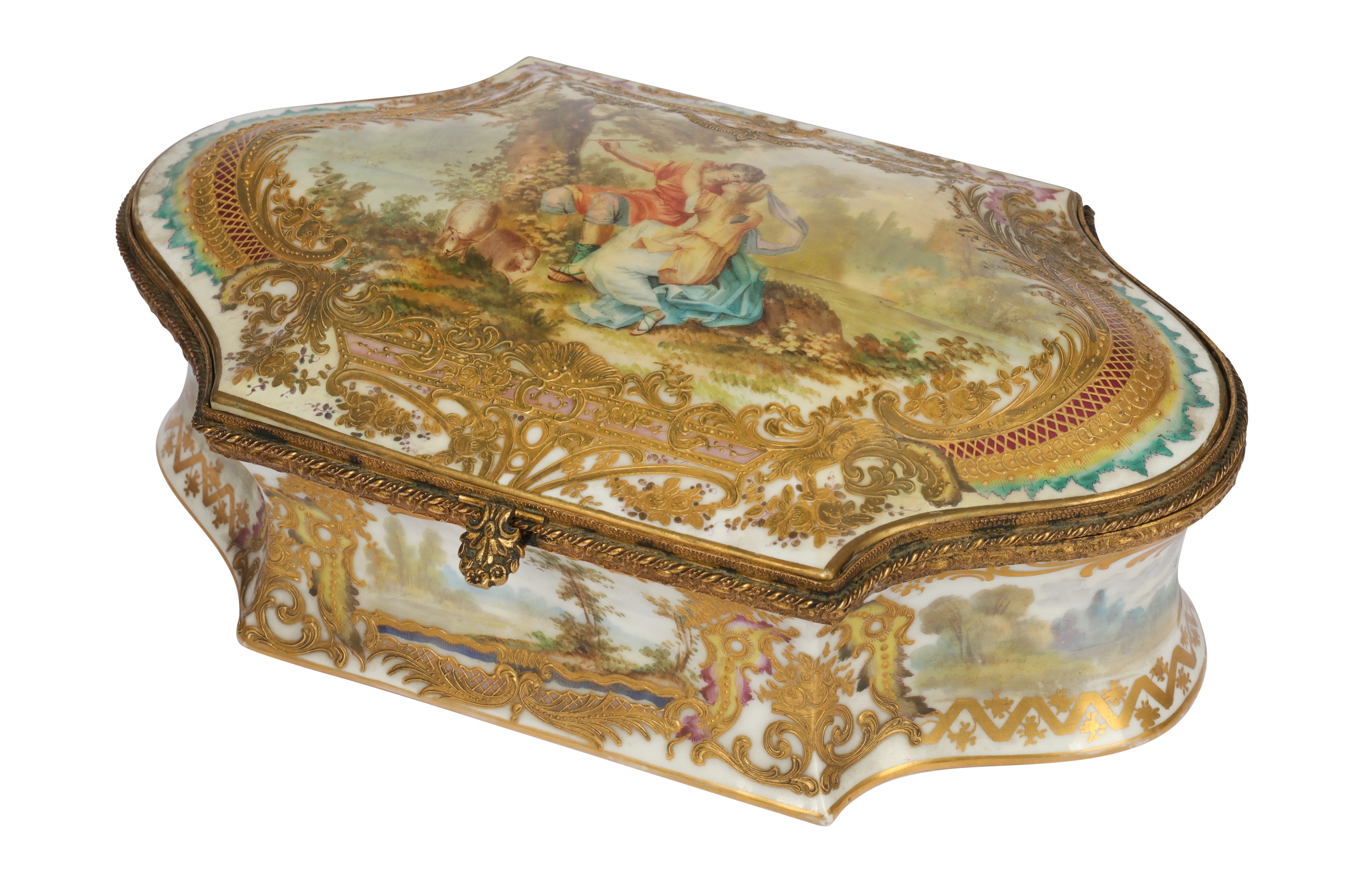 A late 19th/early 20th French porcelain shaped box, in the Sevres style