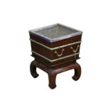 A late 19th/20th century Chinese hardwood and brass mounted square wine cooler,