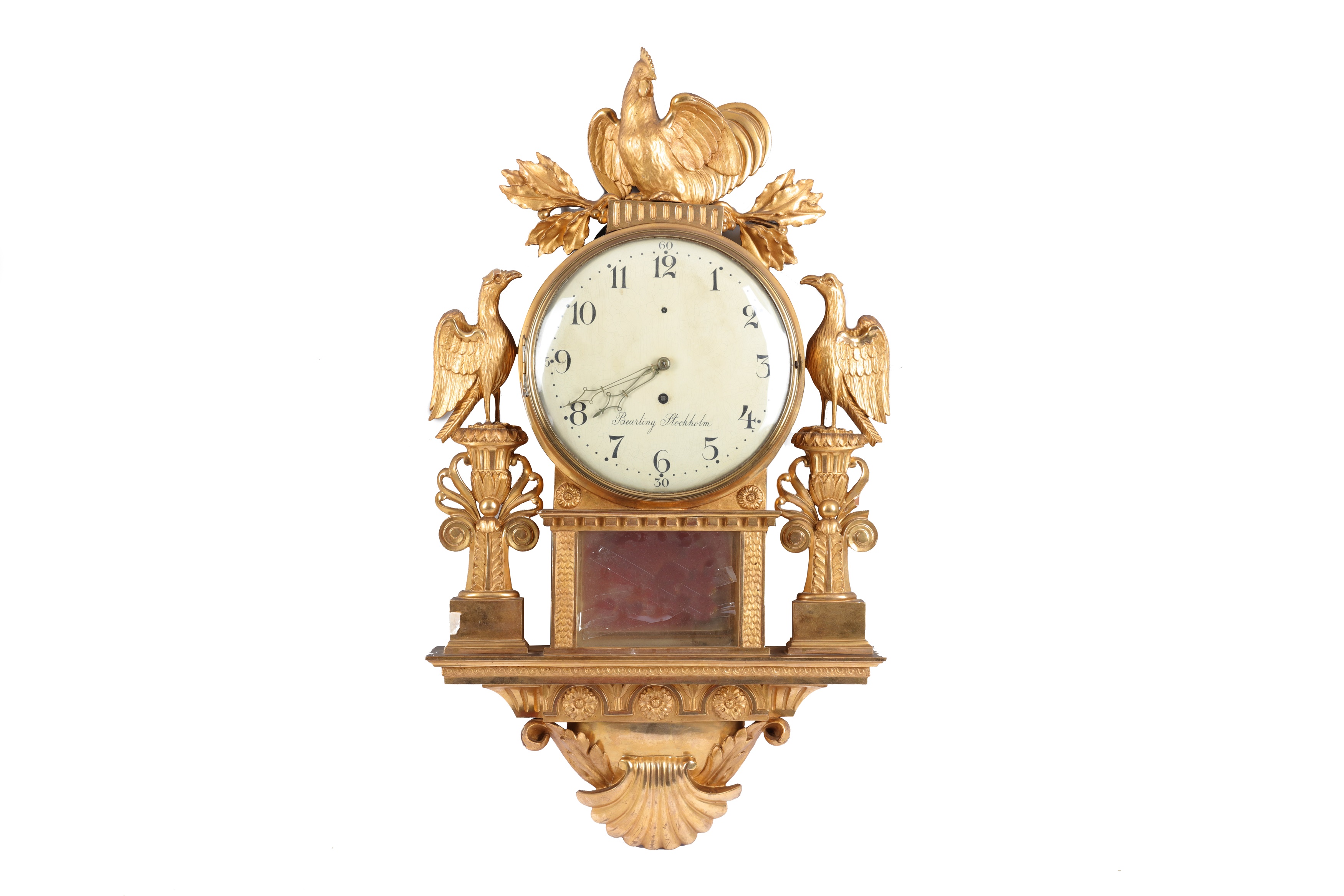 An early 19th Century Swedish carved giltwood wall clock by Beurling,