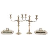 A pair of 19th century Old Sheffield plate three light candelabra