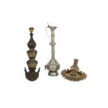 Two Copper-Alloy Oil Lamps and a Monumental High-Neck Tinned Ewer