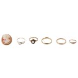 A 9ct gold cameo brooch and a collection of rings