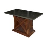 A Art Deco style green marble topped table with yew wood base