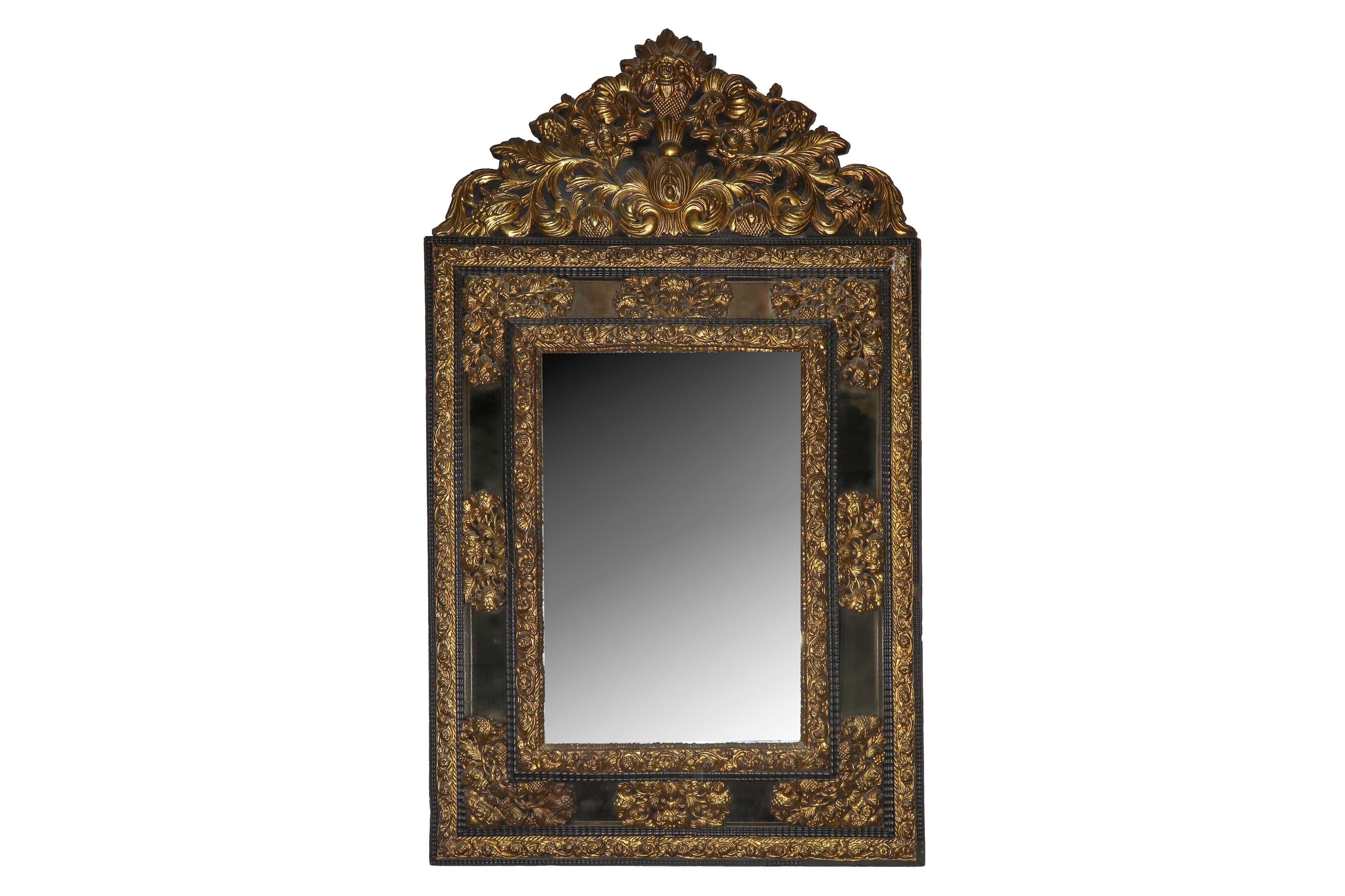 A late 19th century Flemish gilt and ebonised cushion framed mirror - Image 2 of 2