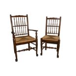 A set of eight oak vernacular Lancashire spindle back dining chairs