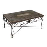 A French wrought iron tile toped conservatory coffee table, in the manner of Les Lalanne