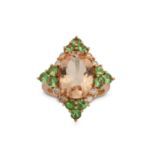 A morganite, green garnet and diamond dress ring