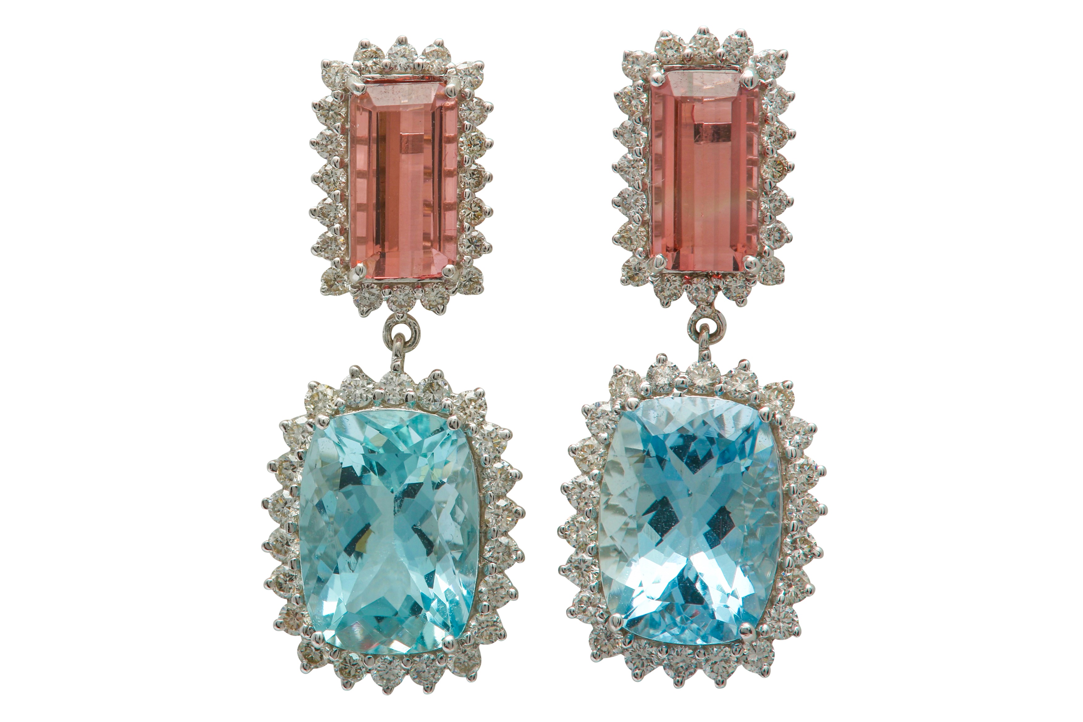 A pair of pink tourmaline, aquamarine and diamond earrings