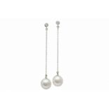 A pair of cultured pearl and diamond pendent earrings