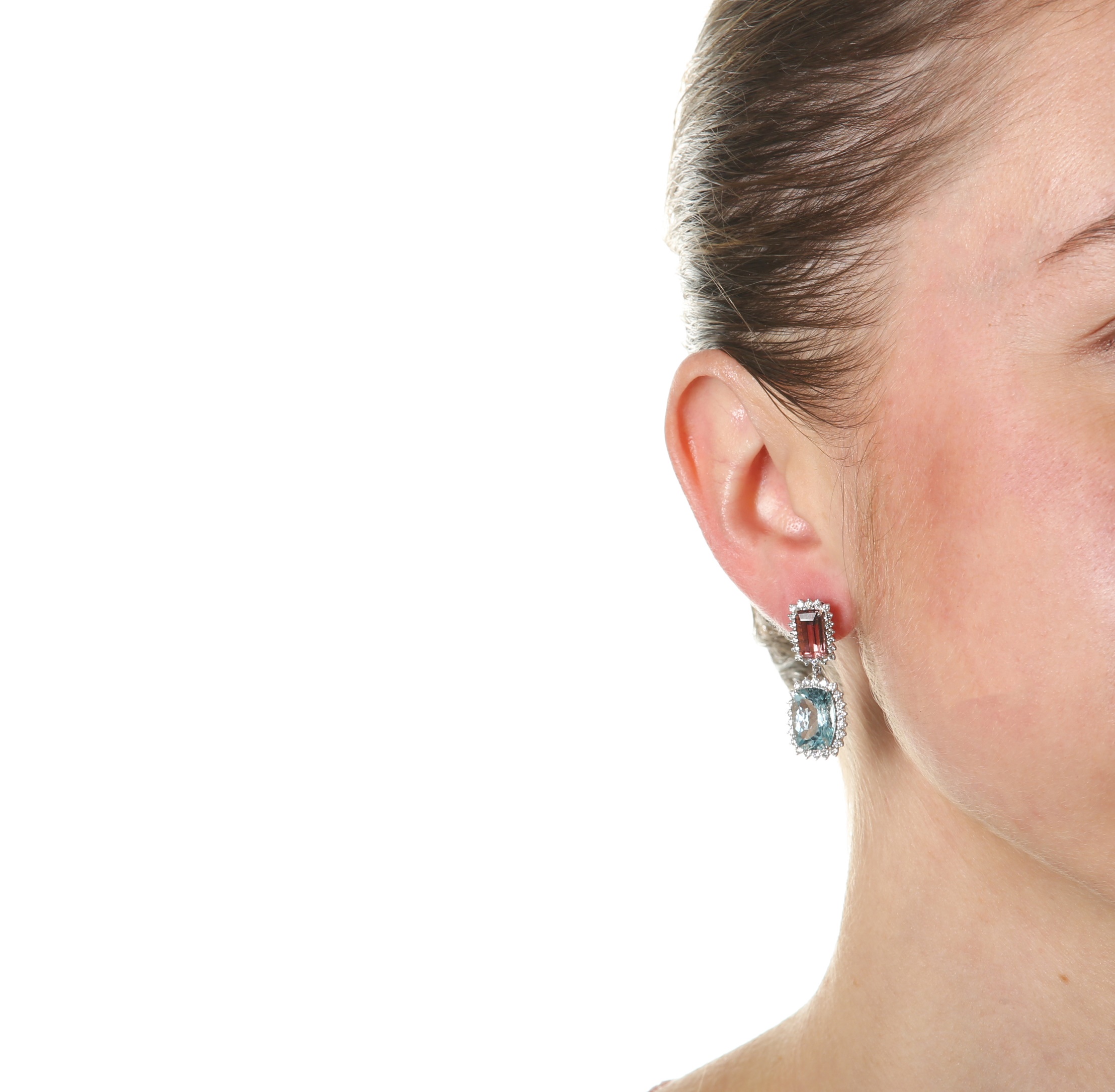 A pair of pink tourmaline, aquamarine and diamond earrings - Image 2 of 2