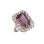 An amethyst and diamond plaque ring