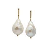 A pair of cultured pearl and diamond earrings