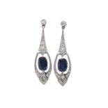 A pair of sapphire and diamond pendent earrings