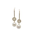 A pair of cultured pearl and diamond pendent earrings