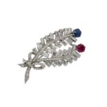 A ruby, sapphire and diamond brooch, circa 1965