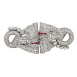 A ruby and diamond double-clip brooch