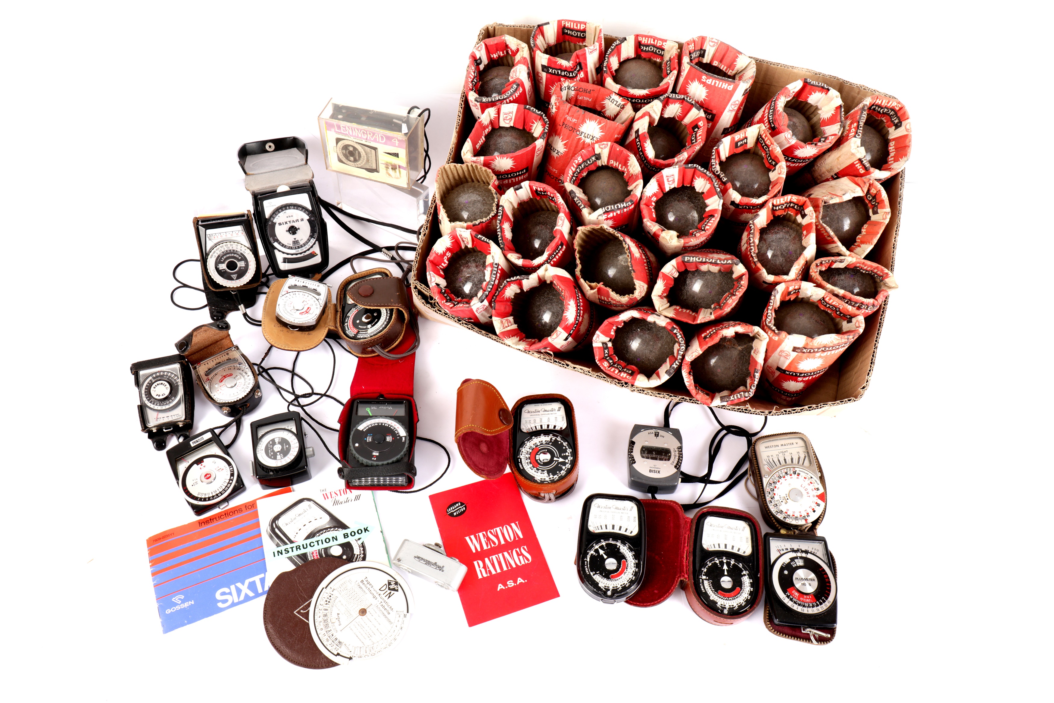 A Tray of Light Meters & Photoflux Flash bulbs