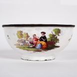 A white enamel sugar bowl, English, circa 1770, painted with Arcadian scenes, 12.