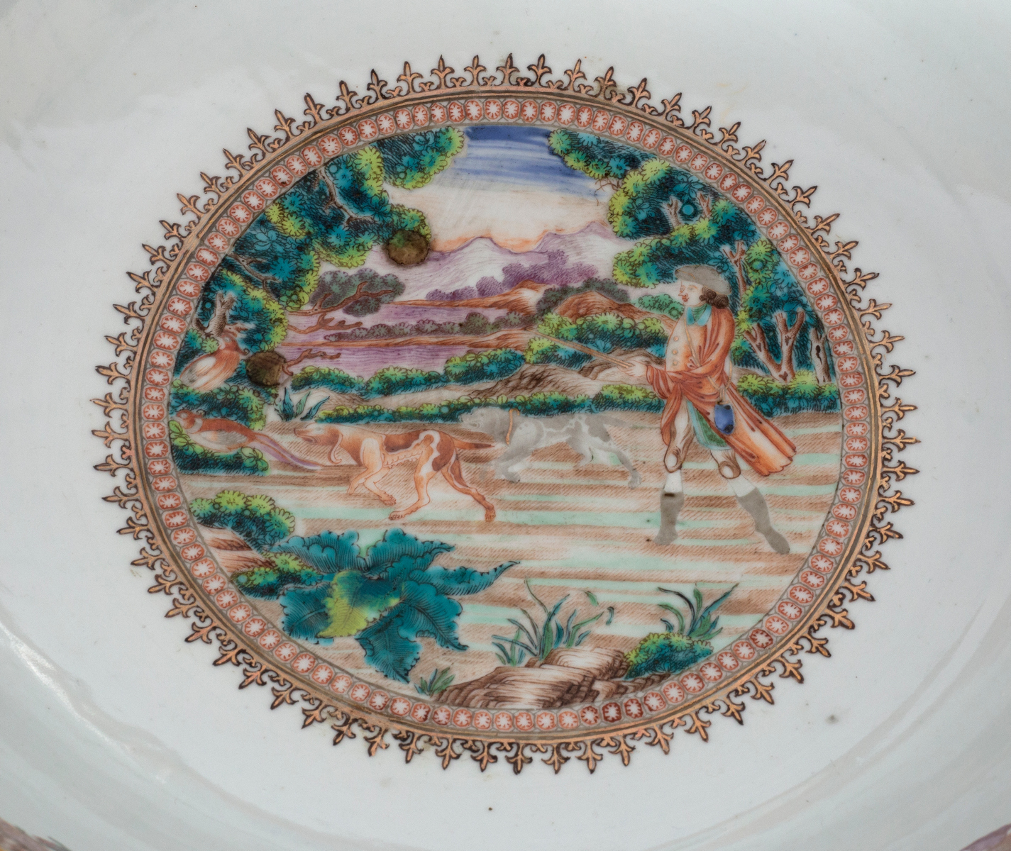 A Chinese famille rose hunting subject punch bowl, Qianlong, painted with a European hunting scene, - Image 4 of 9