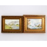 A matched pair of Royal Worcester landscape plaques depicting river landscapes,