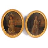 Late 18th Century English School/Young Girls in a Garden Setting/a pair of oval portraits/oil on