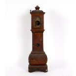 A miniature walnut longcase clock, with an ogee crest and bombé base, movement lacking, distressed,