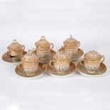 A set of six Derby caudle cups, covers and stands, circa 1800,