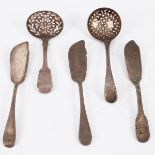 An old English pattern silver sugar sifter, Turner & Biddell, London 1822, another sifter spoon,