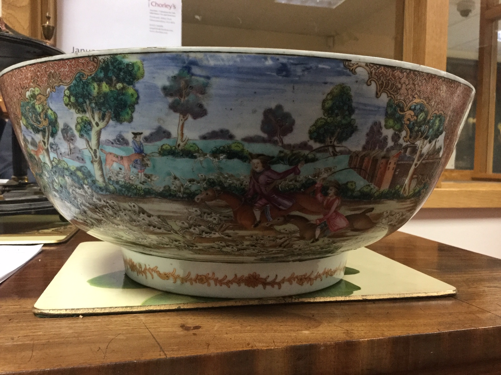 A Chinese famille rose hunting subject punch bowl, Qianlong, painted with a European hunting scene, - Image 5 of 9
