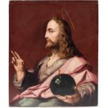 Follower of Hendrick Goltzieus/19th Century/Salvator Mundi/oil on oak panel, 34.5cm x 27.