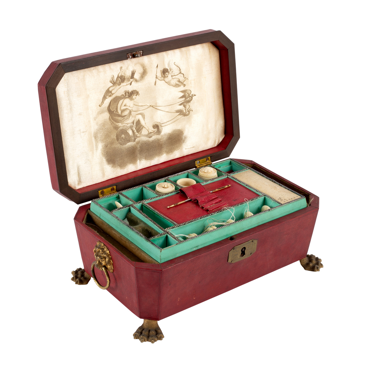 A Regency leather covered sewing box with brass lion mask ring handles and paw feet, - Image 2 of 3