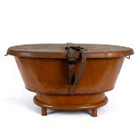 A 19th Century campaign bath and stand, with faux woodgrain decoration, lock and leather strap,
