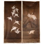 Nine Chinese painted wall paper panels depicting white cranes among foliage and in flight