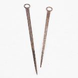 Two George III silver meat skewers, Smith & Fearn, London 1791, with ring terminals,