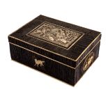 A 19th Century box with hunting scenes, German or Austrian, wood and bone reliefs,