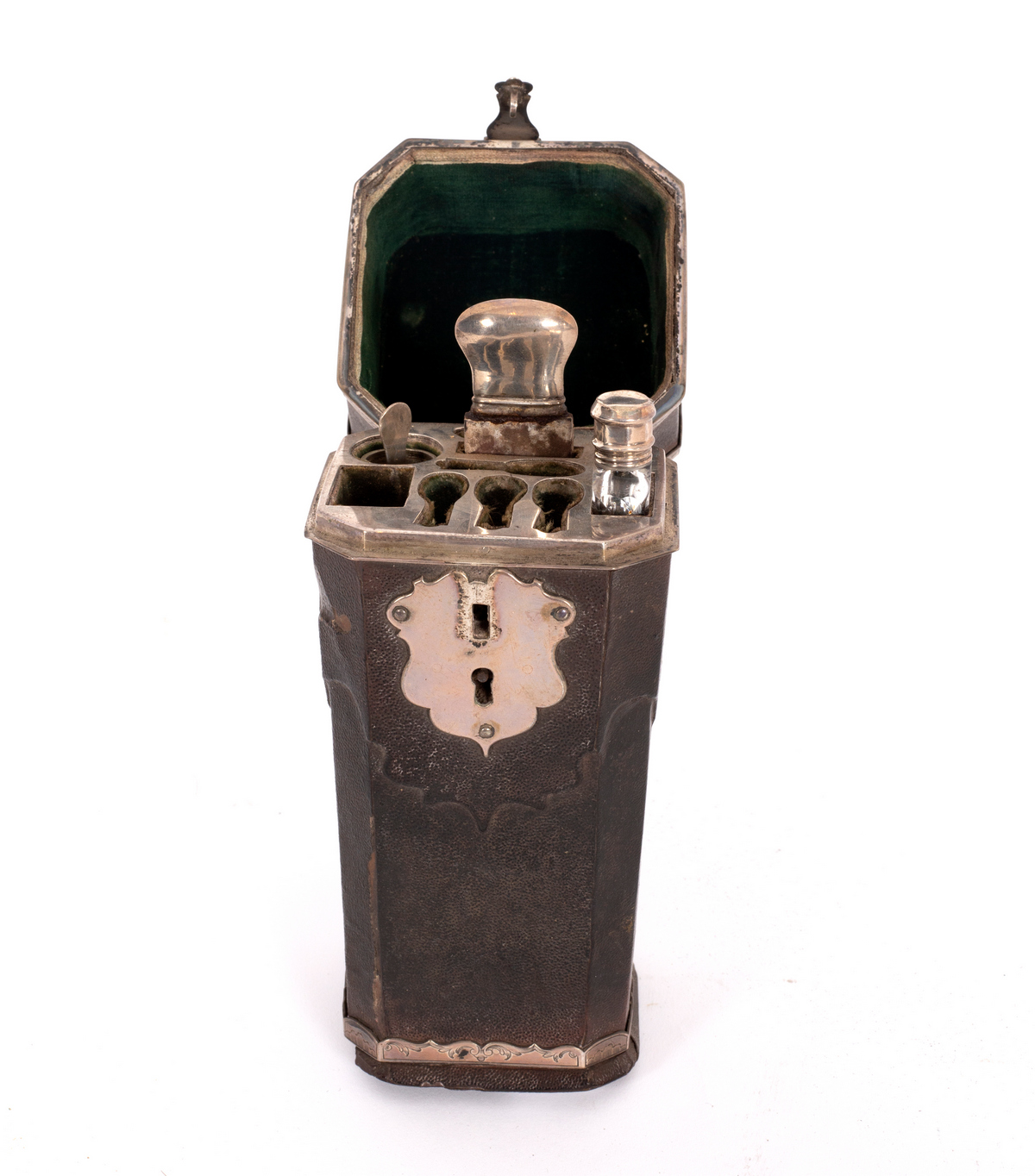 A George III silver and shagreen cased shaving set with engraved silver mounts,